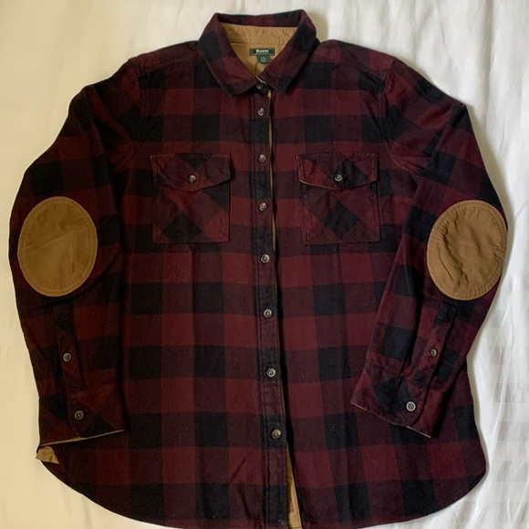 Roots Tops - Roots burgundy/black buffalo check heavy weight flannel shirt corduroy elbowsEUC
